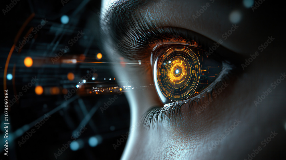 Poster cybernetic eye with ai enhancements showcasing intricate technology and glowing circuits, symbolizin