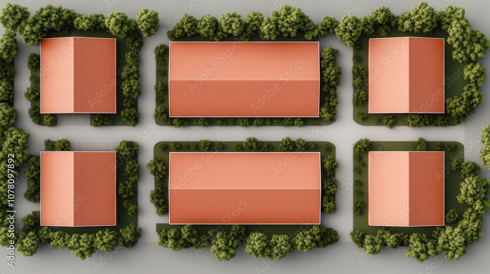 Poster minimalist top view of warehouse complex with red roofs surrounded by greenery. layout showcases mul