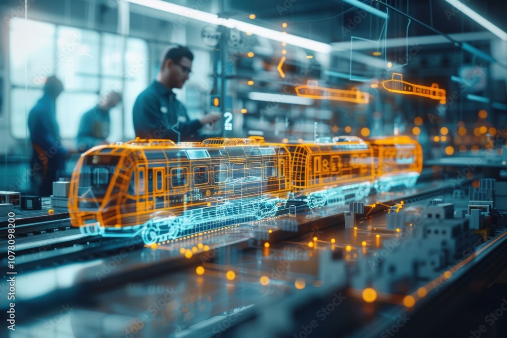 Poster a digital model of a train is projected onto a table in a workshop. ai.