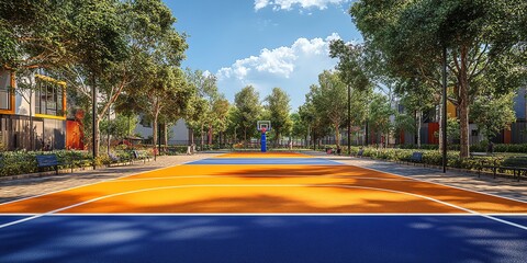 An empty basketball court with a blue and orange surface, lined with trees and benches, surrounded by colorful buildings on a sunny day.