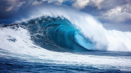 Giant ocean wave crashing with dramatic sky