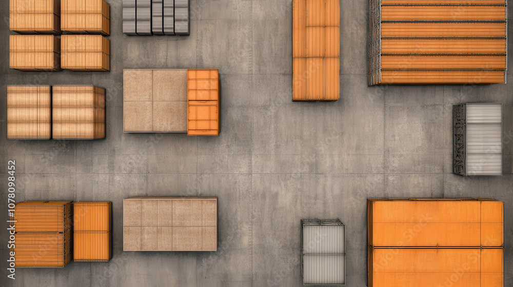 Poster warehouse layout with stacked containers and pallets on concrete floor, showcasing organized storage