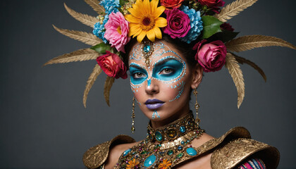 A woman with intricate face paint and a flower crown looks directly at the camera
