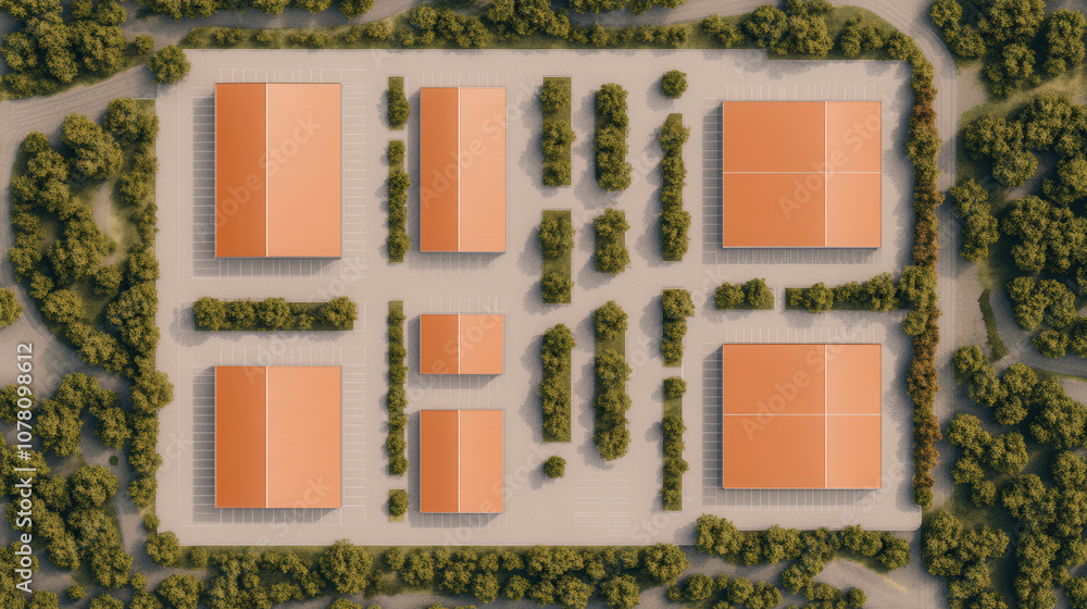 Poster aerial view of warehouse complex with multiple buildings and parking areas surrounded by trees. layo