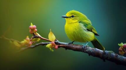 Obraz premium A vibrant green bird perched on a branch with budding flowers, showcasing nature's beauty.