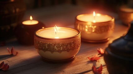 Tranquil Evening Setup with Glowing Candles, Elegant Holders, and Soft Floral Accents Creating a Cozy Atmosphere for Relaxation and Reflection
