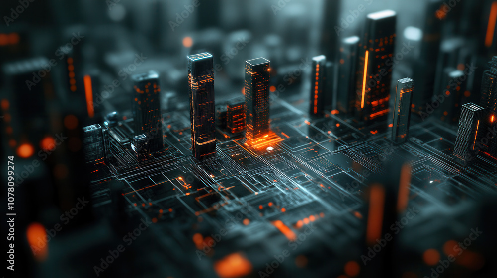 Poster futuristic cityscape with ai driven architecture, glowing skyscrapers, and intricate circuitry. vibr
