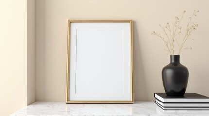 Minimalist Decor with Blank Frame and Vase on Marble Surface