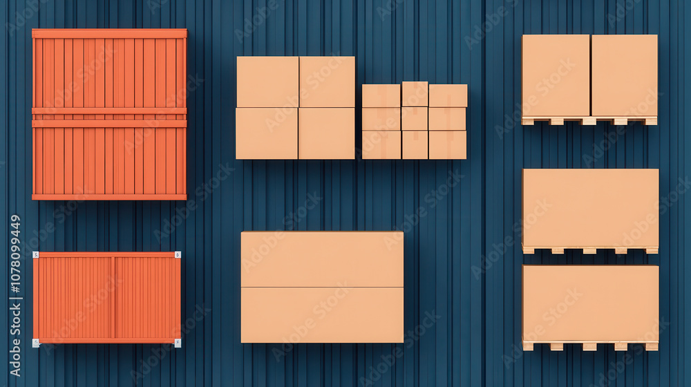 Poster modern warehouse layout with orange and brown boxes, pallets, and containers arranged neatly. this t