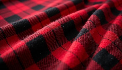 Red and black plaid fabric displaying a textured pattern ideal for fashion and design