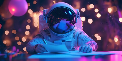 Astronaut writing on a piece of paper in front of a blurred background with pink and purple lights.