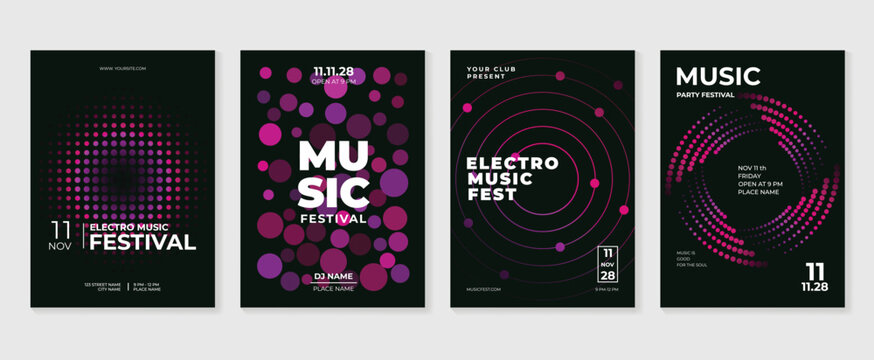 Music poster design background vector set. Electro Sound Cover template with vibrant abstract gradient geometric shape and line wave. Ideal design for social media, flyer, party, music festival, club.