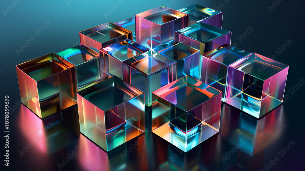 Poster futuristic 3d cubes in a grid-like structure, with each cube reflecting light in different colors, s