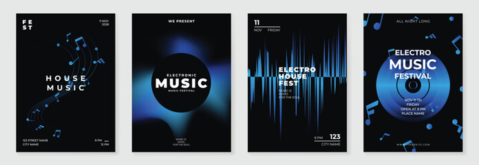 Music poster design background vector set. Electro Sound Cover template with vibrant abstract gradient geometric shape and line wave. Ideal design for social media, flyer, party, music festival, club.