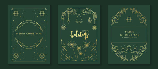 Luxury christmas invitation card art deco design vector. Christmas tree, star, bauble ball, holly gold line art on green background. Design illustration for holidays cover, season's greeting poster.
