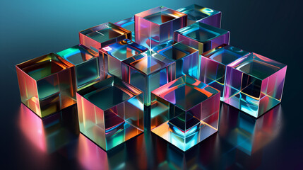 Futuristic 3D cubes in a grid-like structure, with each cube reflecting light in different colors, set against a deep black and dark blue backdrop. background wallpaper 