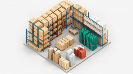 Efficient warehouse layout with shelves, pallets, and boxes organized neatly. This top view showcases well structured storage area, ideal for inventory management