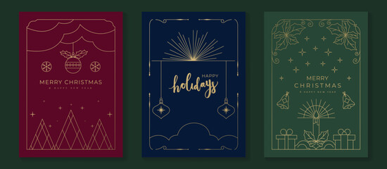 Luxury christmas invitation card art deco design vector. Christmas tree, bauble gold line art on green, red and navy blue background. Design illustration for holidays cover, season's greeting poster.