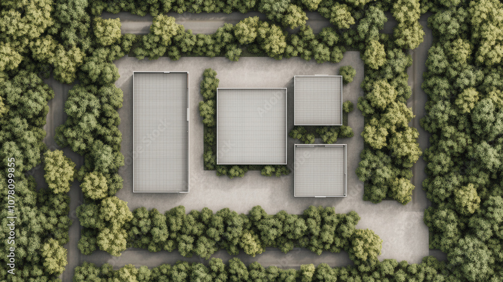 Poster aerial view of warehouse complex surrounded by lush greenery, featuring multiple buildings and pathw