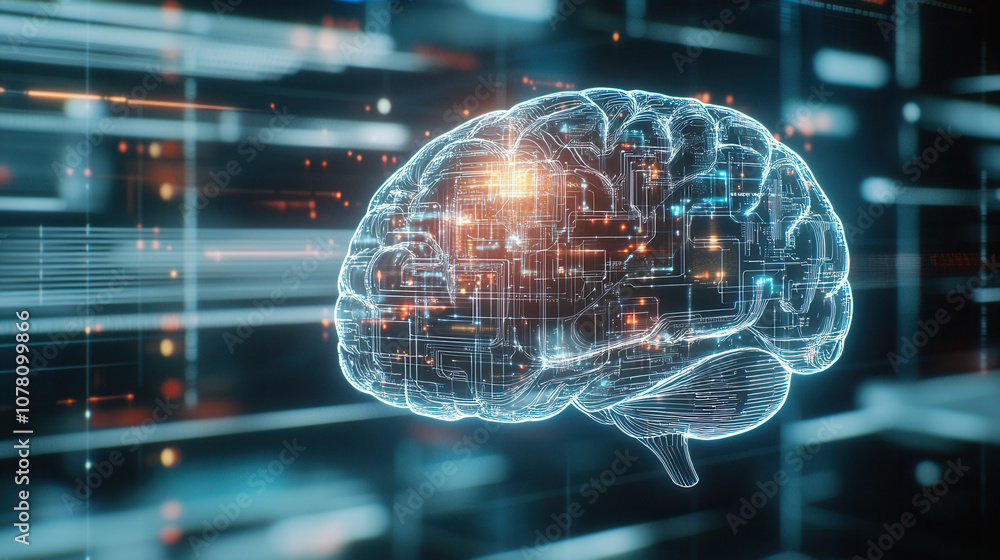 Poster human brain with ai circuitry overlay, glowing with dynamic lights, symbolizes fusion of technology 