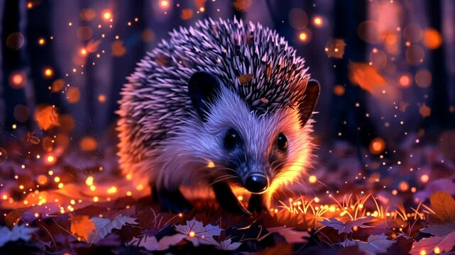 A hedgehog is seen wandering through a forest floor rich with fallen autumn leaves and a warm glow as dusk settles, creating a magical atmosphere