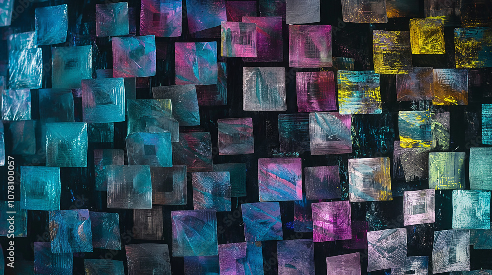 Poster futuristic 3d cubes in a grid-like structure, with each cube reflecting light in different colors, s