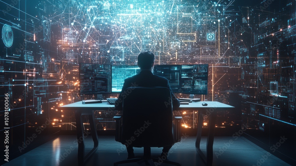 Aufkleber a person seated at a desk surrounded by futuristic digital displays and data visualizations.