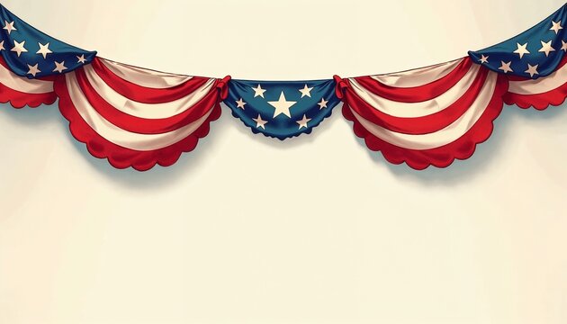 Patriotic bunting decoration with red, white, and blue colors featuring stars in a festive style, copy space

