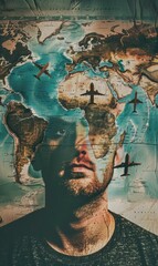 Fototapeta premium A man's face superimposed with a world map and airplanes. AI.