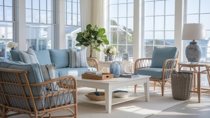 Coastal-Themed Living Room with Ocean Views and Blue Striped Decor