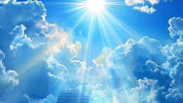 Image of mystical stairs ascending through fluffy clouds to a radiant light. Conceptualizes a spiritual journey. Perfect for religious or inspirational themes. Abstract, serene, and uplifting. Generat