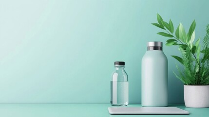 Eco-Friendly Workspace with Plants and Water Bottles