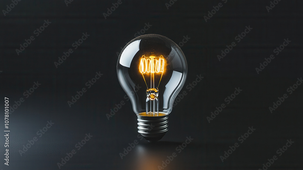 Poster glowing upright lightbulb on solid black background, showcasing its intricate filament design and wa