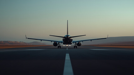 Naklejka premium Rear view of an airplane on the runway, ready for departure, with a clear sky stretching above, representing the freedom and exhilaration of air travel