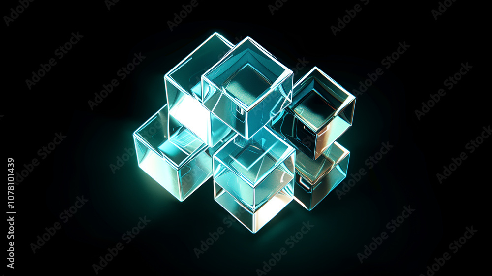 Poster geometric 3d cubes arranged in an intricate pattern, with soft glowing edges, floating in space agai