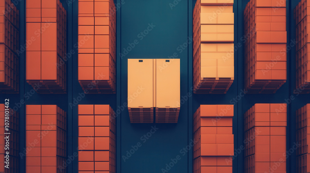 Poster aerial view of warehouse with stacked orange boxes and central yellow container, showcasing organize