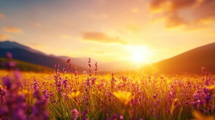Naklejka premium Vibrant Field of Wildflowers at Sunset