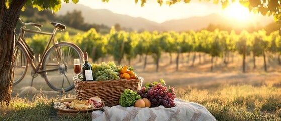 Rustic Summer Picnic Setup with Bicycles Resting in the Vineyard Countryside