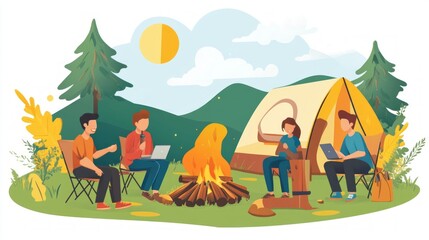 Fototapeta premium Friends gathered around a campfire, enjoying a camping trip in nature.