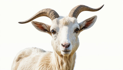 Obraz premium A white goat with large horns stares directly at the camera
