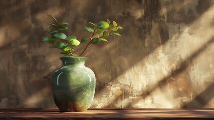 On a wooden table a piece of jade in a ceramic vase