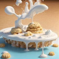 Flying milk splash with chocolate chip cookies, transparent background.

