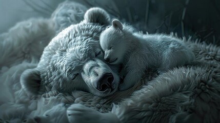 Obraz premium Polar Bear Mother and Cub Sleeping Together in the Arctic