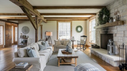 Rustic Farmhouse Living Room with Exposed Beams and Cozy Fireplace