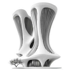 Futuristic building design featuring unique curves and patterns, blending modern architecture with organic shapes isolated on white background