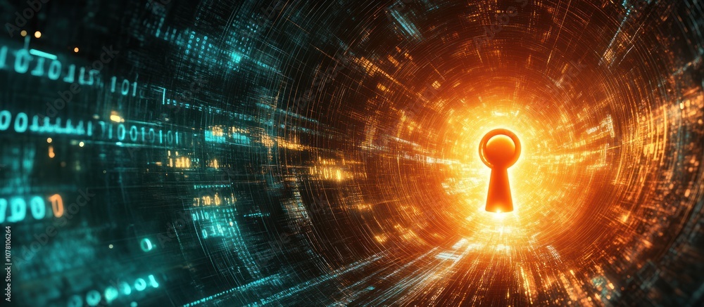 Poster a glowing keyhole amidst flowing digital data, symbolizing access and cybersecurity.