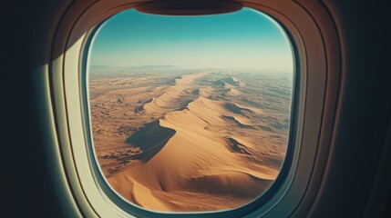 Looking down from a plane window at a vast desert landscape with sand dunes.