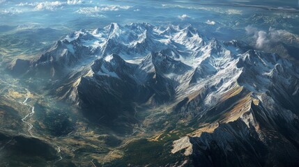 Obraz premium Looking down from an airplane window at beautiful mountain peaks and valleys.