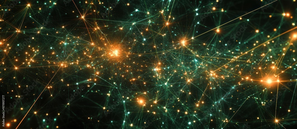 Poster a cosmic network of glowing particles connected by lines, representing data or energy flow.