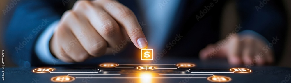 Poster a hand poised above a glowing digital interface, indicating interaction with technology, possibly fo